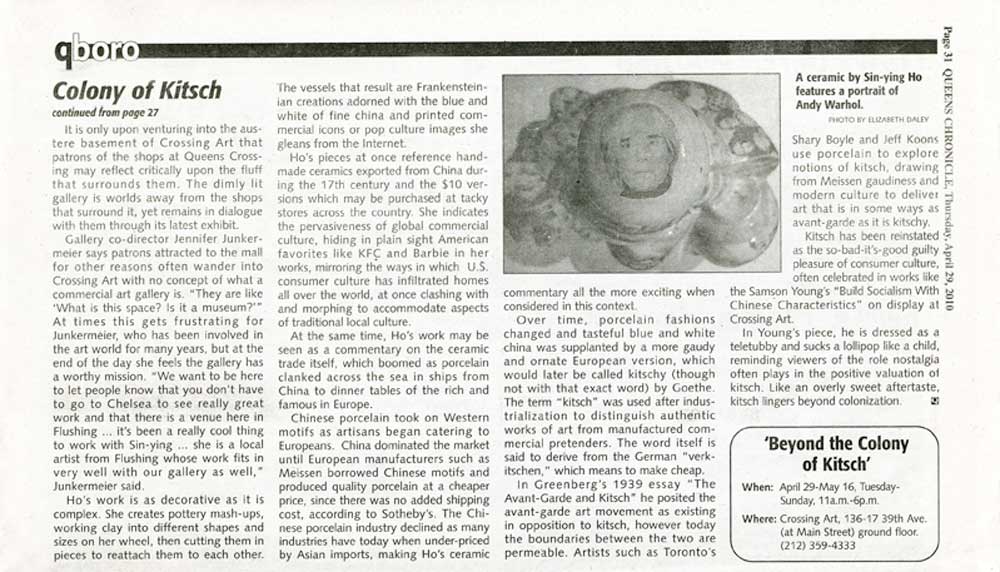 Article "Beyond Kitsch" by Elizabeth Daley in Queens Chronicle, April 29th, 2010