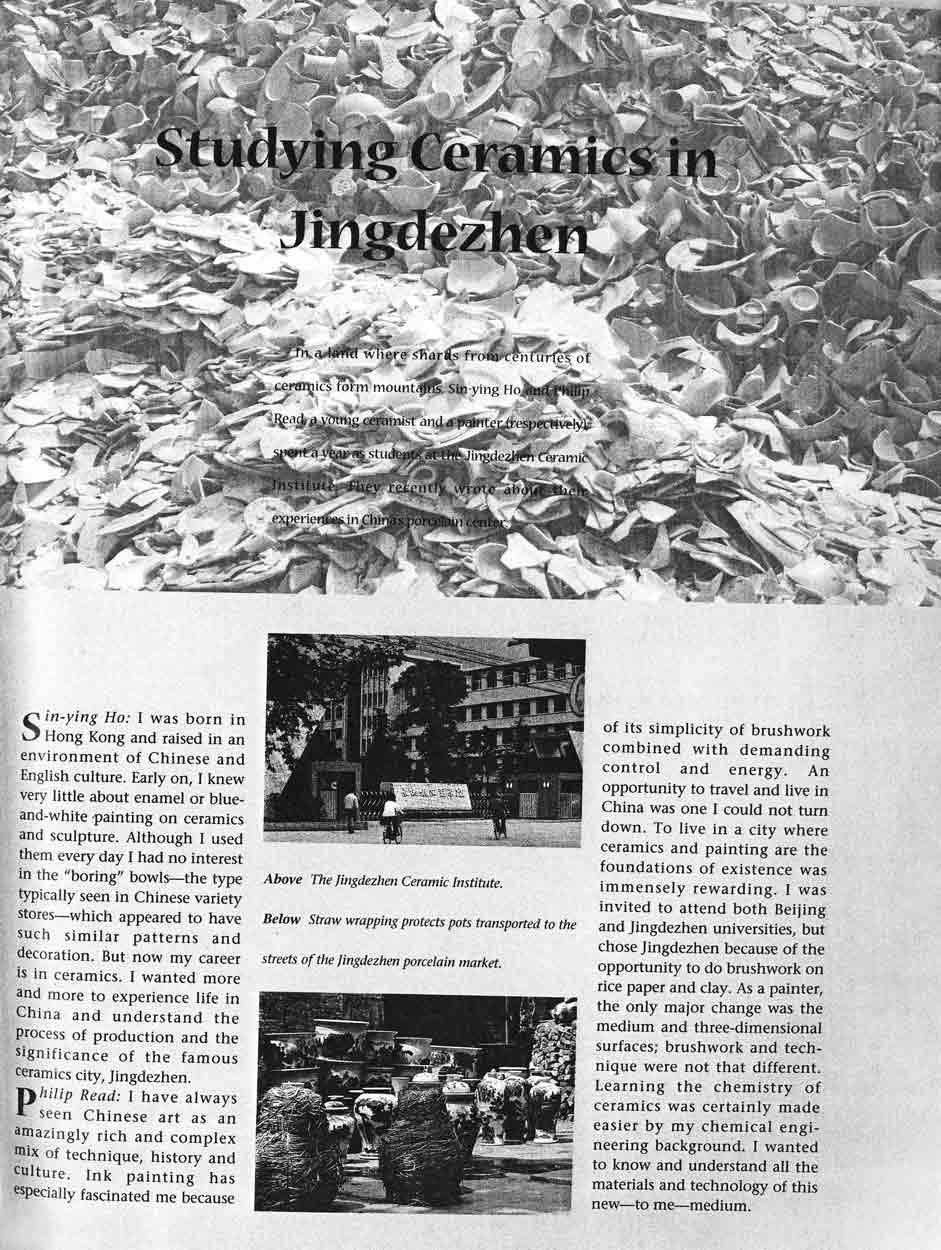 Article "Studying Ceramics in Jingdezhem" by Sin-ying Ho and Philip Read, Contact, Spring 1998