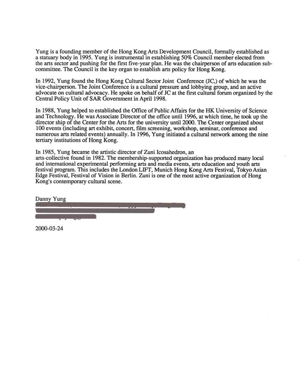 Danny Yung's Artist Biography, pg 2