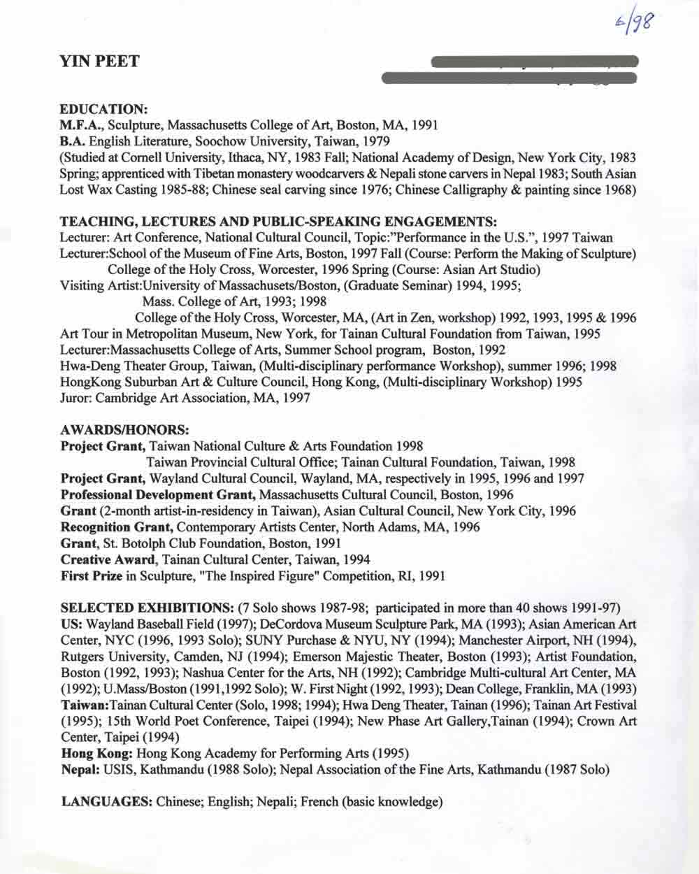 Yin Peet's Resume