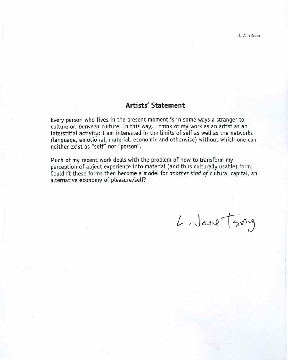 Lily Tsong's Artist Statement, signed as L. Jane Tsong