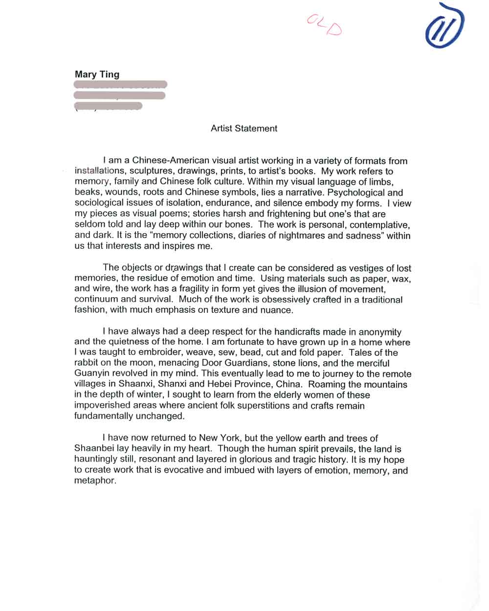 Mary Ting's Artist Statement, pg 1