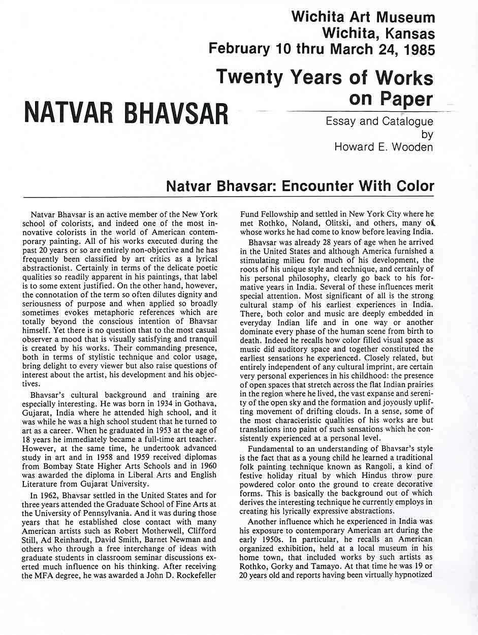 Natvar Bhavsar: Encounter With Color, essay, pg 1