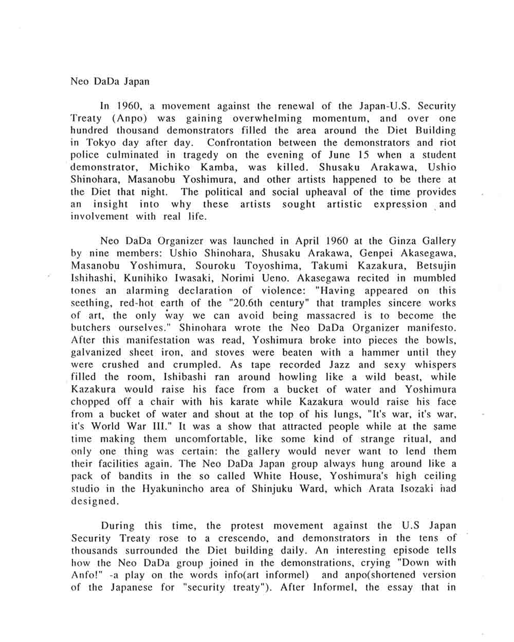 Neo DaDa Japan 1958-1998, essay, pg 1