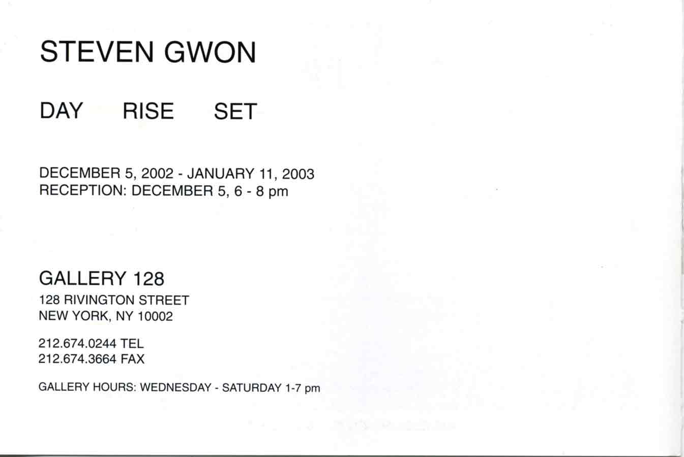 Steven Gwon: Day Rise Set, flyer, pg 1