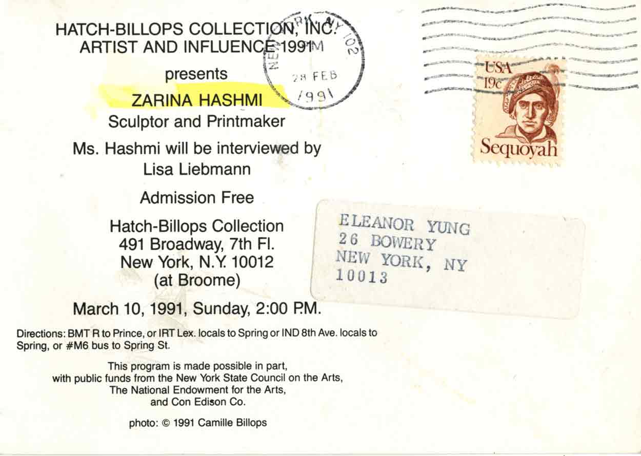 Zarina Hashmi: Sculptor and Printmaker, postcard, pg 2