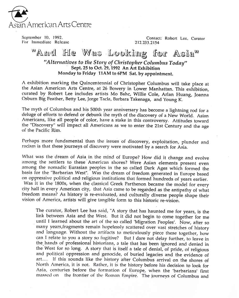 And He Was Looking For Asia, postcard, press release, pg 1