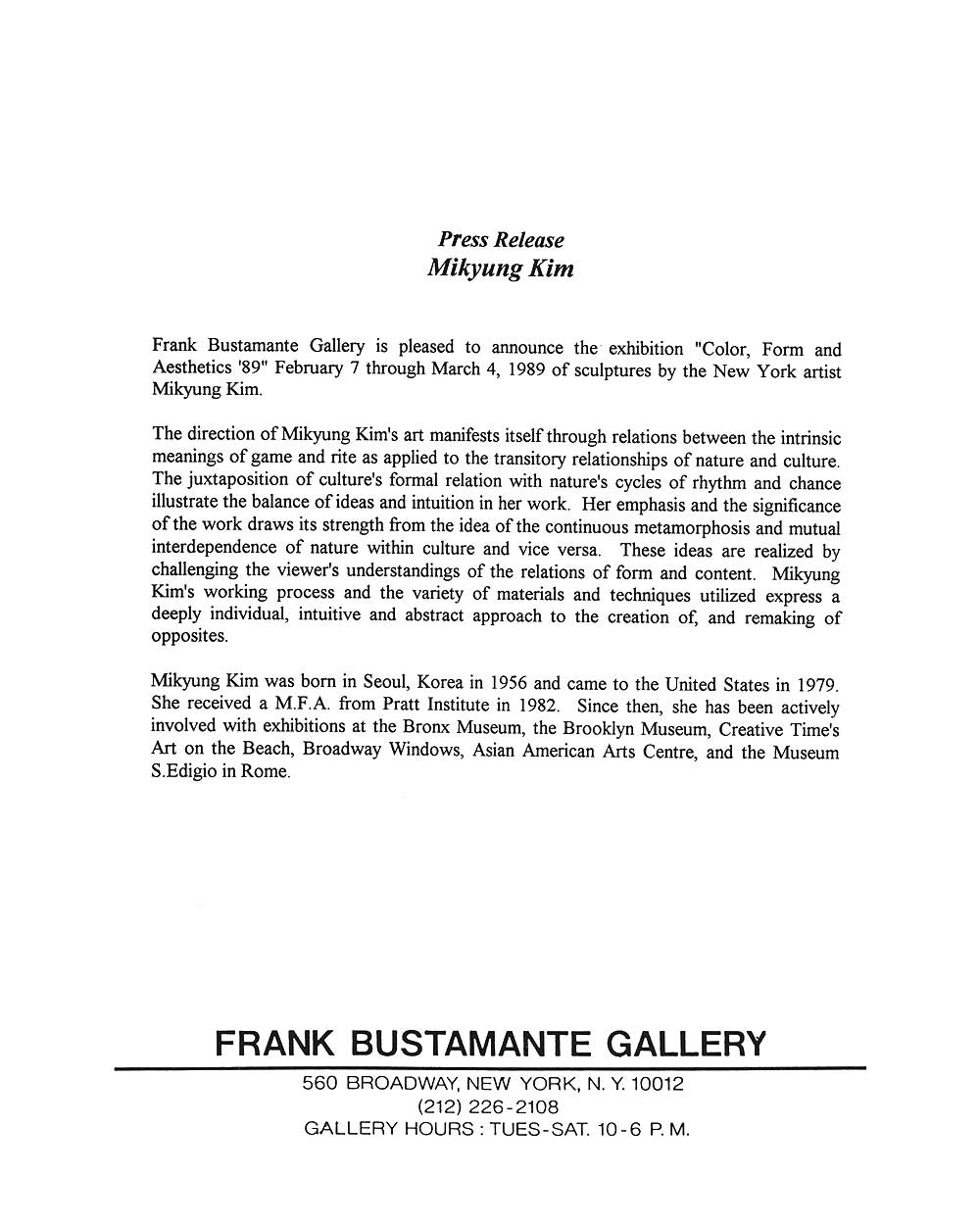 Color, Form and Aesthetics '89, press release