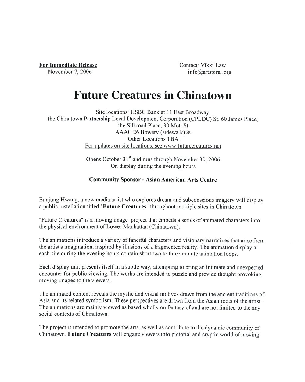 Future Creatures, press release, pg 1