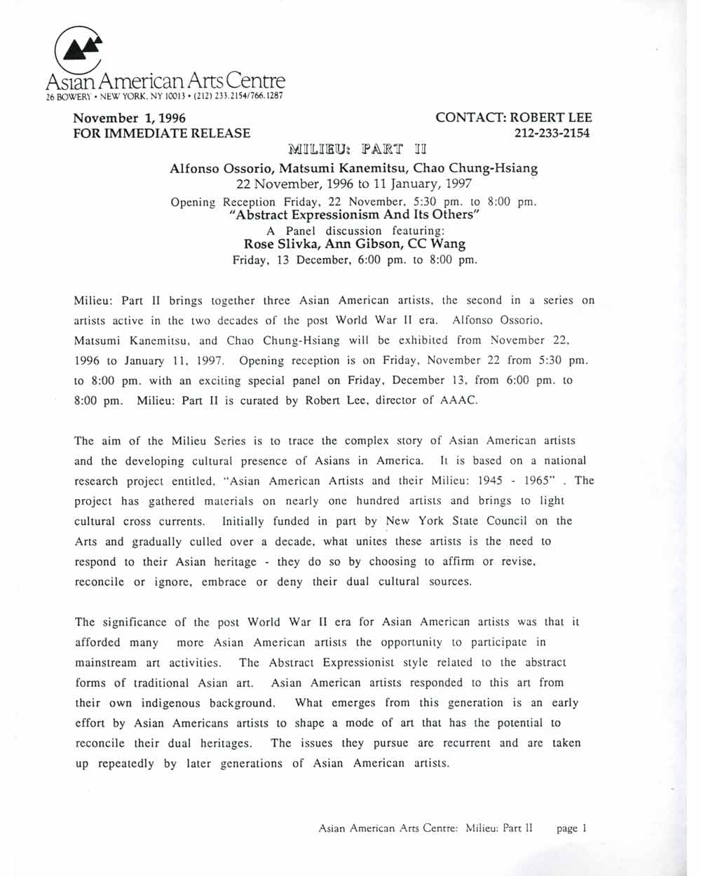 Milieu: Part II 1945-1965, press release, pg 1