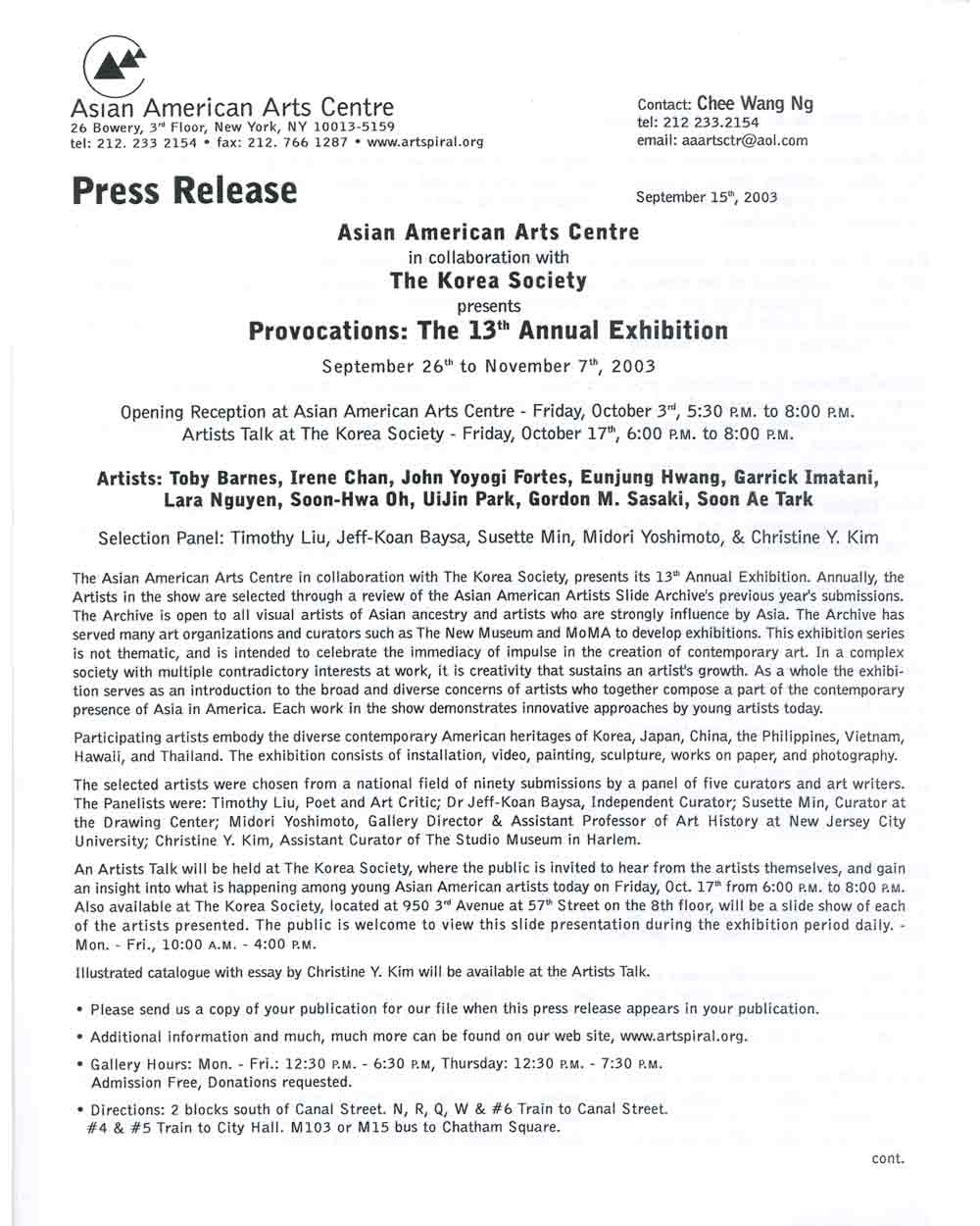 Provocations, press release, pg 1