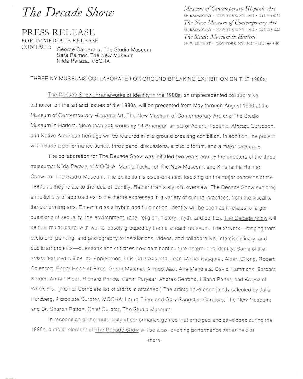 The Decade Show, press release, pg 1