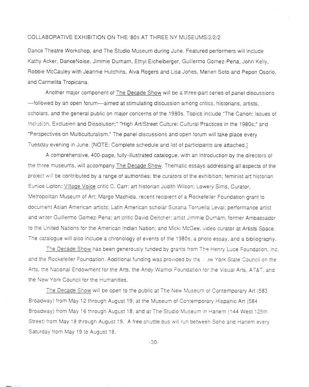 The Decade Show, press release, pg 2
