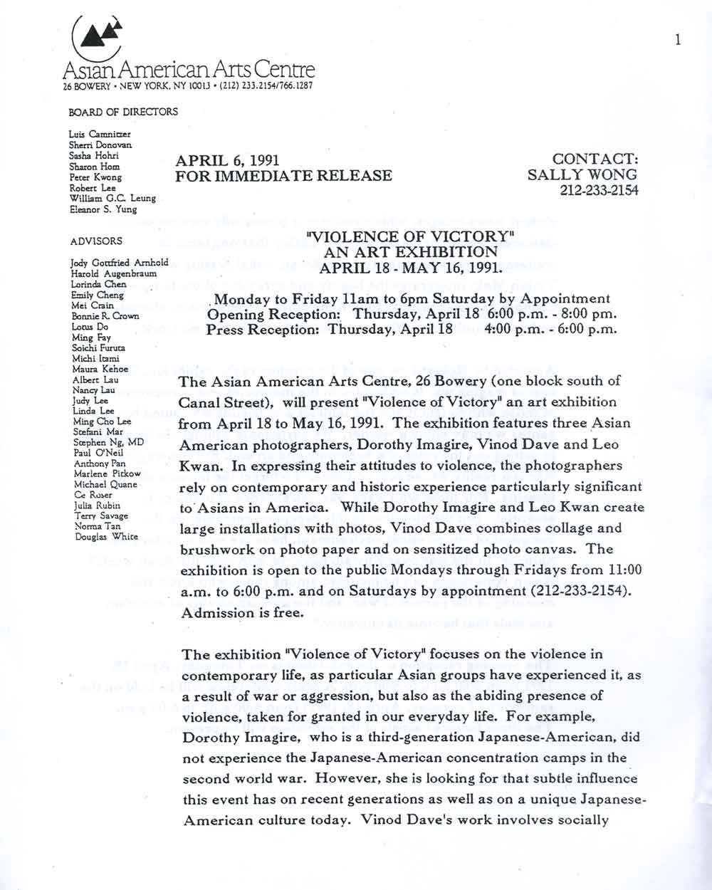 Victory of Violence press release, pg 1
