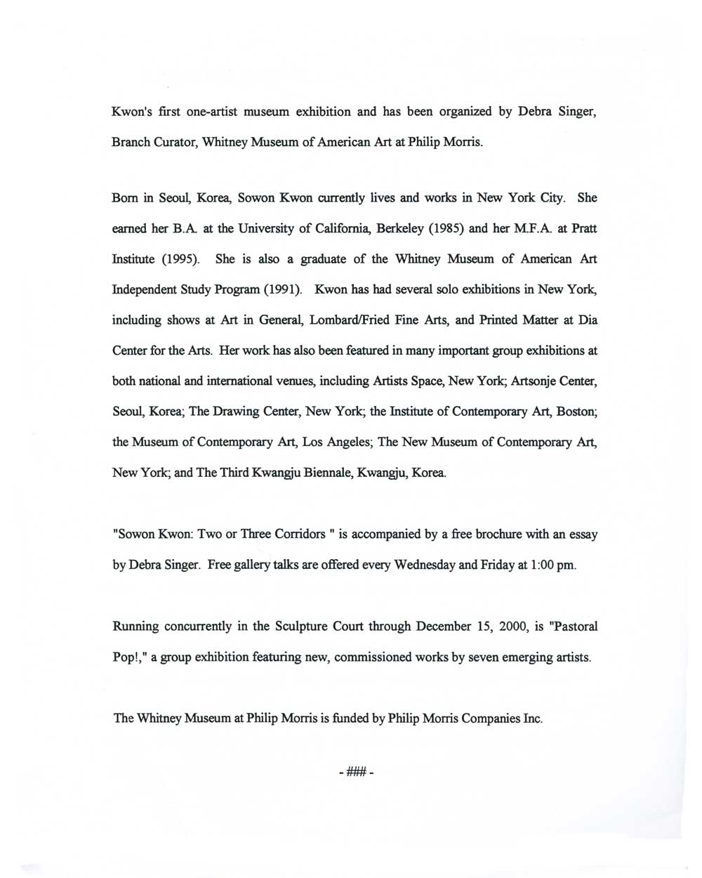 Sowon Kwon: Two or Three Corridors, press release, pg 2