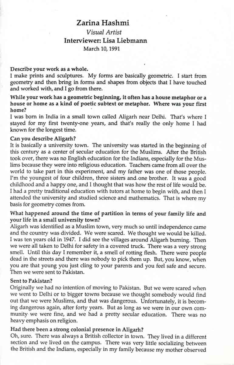 Zarina Hashmi interview, pg 1